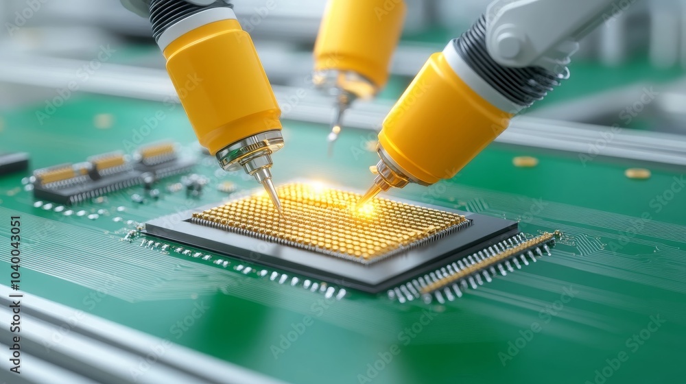 Aufkleber robotic arm assembling microchip on circuit board
