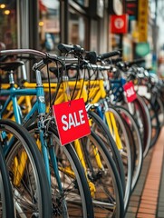 Obraz premium row of commuter bikes lined up outside a shop, with bright red 