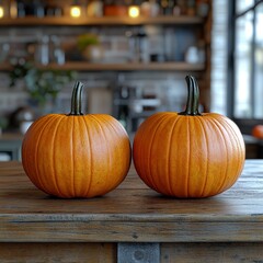 Modern kitchen interior decorated for fall with orange pumpkins