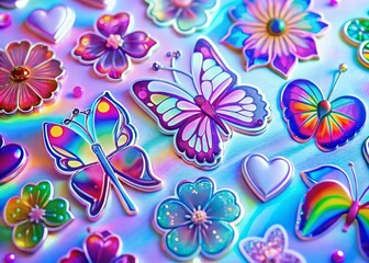 Obraz premium Iridescent Y2K Holographic Stickers with Butterfly, Flower, Heart, and Cherry Designs for Retro Aesthetic