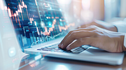 A person types on a laptop displaying financial graphs and data metrics, highlighting digital analysis and trading activities.