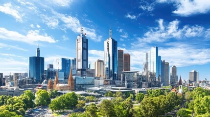Naklejka premium Vibrant Melbourne Skyline Under Clear Blue Sky