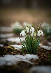Snowdrops in the snow, winter and spring plant, protected plant