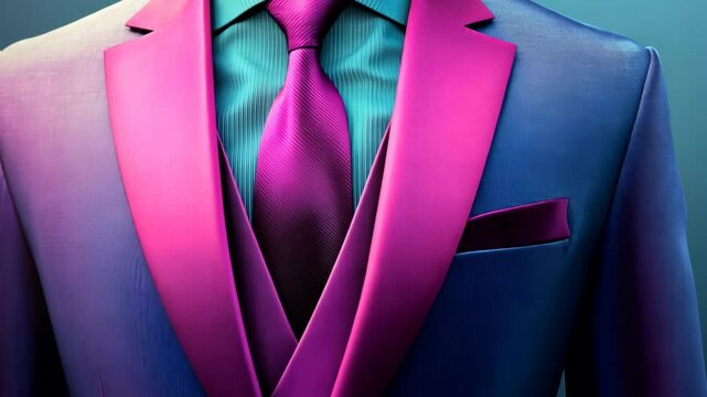 A close-up of a blue suit with a pink tie and a teal shirt, showcasing a bold fashion statement