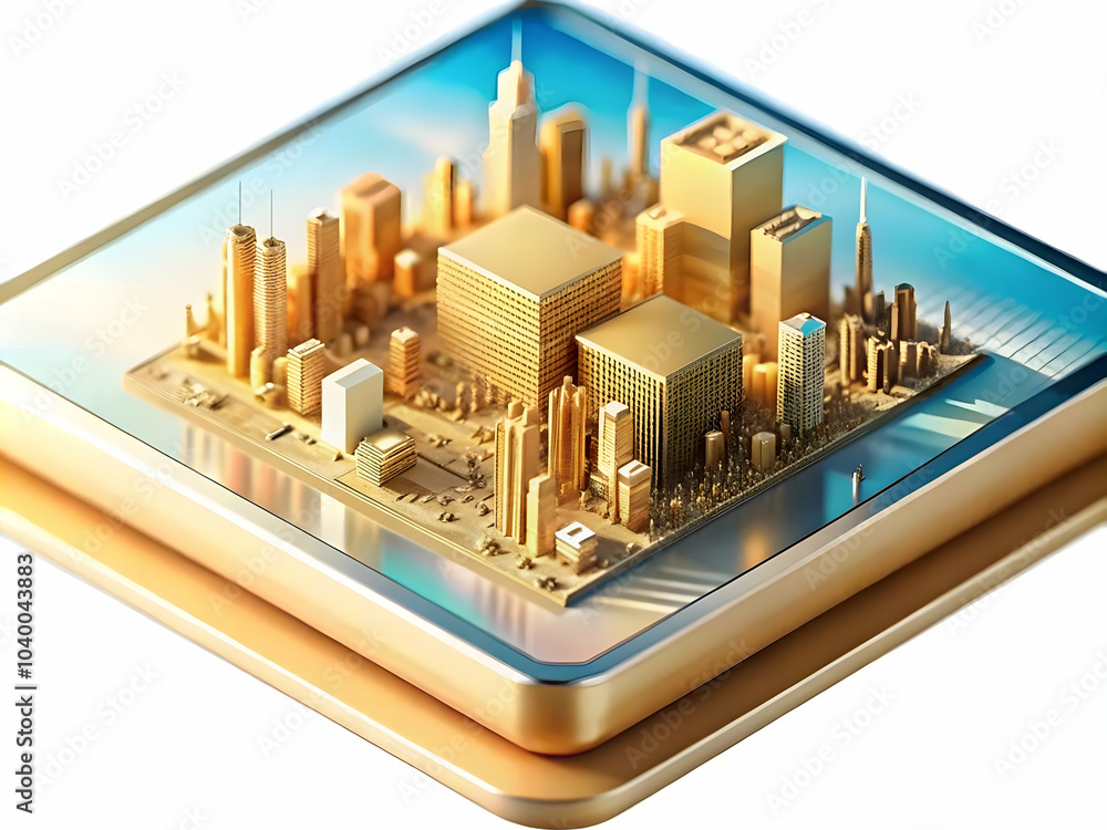 Poster macro view microchip cityscape reflection close-up image symbolizing ai impact urban business enviro