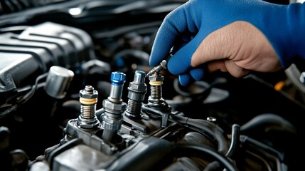 Gloved hand installing a spark plug in a car engine