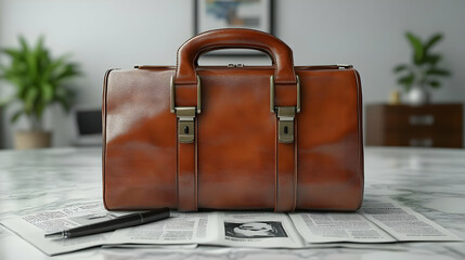 3D Glossy Briefcase Financial Newspaper Copy Space Professionalism Financial Awareness High Resolution Image Isolated White Background