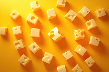 Obraz premium Yellow Cheese Cubes Scattered on a Yellow Background