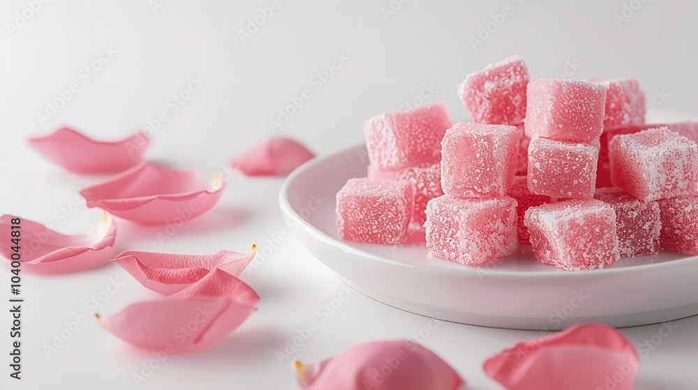 Poster an overhead and up-close view of a rose turkish delight served on a white plate with plenty of space