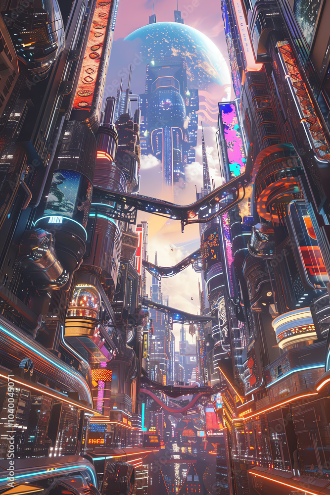 Poster explore a rear view of futuristic technologies in a bustling metropolis, blending sleek designs with