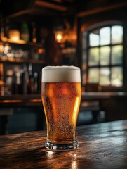 frosty pint of golden beer sits on a pub table, with foam spilling slightly over the rim, capturing the refreshing appeal of a freshly poured drink.