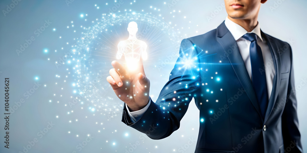 Poster businessman silhouette touching holographic ai interface with bokeh background symbolizing ai integr