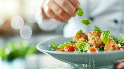 A chef garnishes a plate of vibrant salad with fresh herbs, creating an appetizing and visually appealing dish.