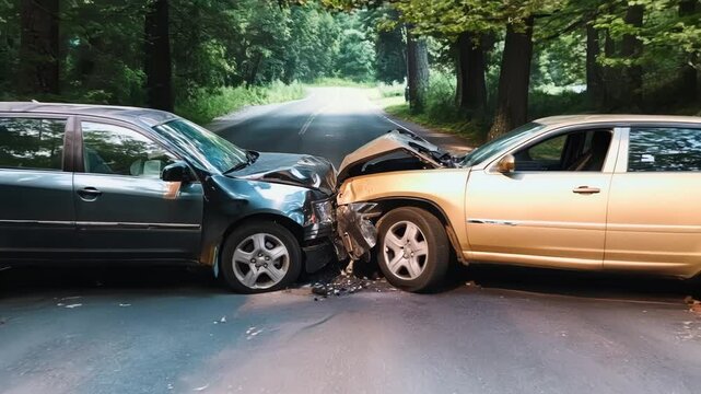 Close up candid zoom out establishing shot of two cars that have collided. Car crash in suburban neighborhood. The aftermath of a mild automobile collision with debris scattered on the road.