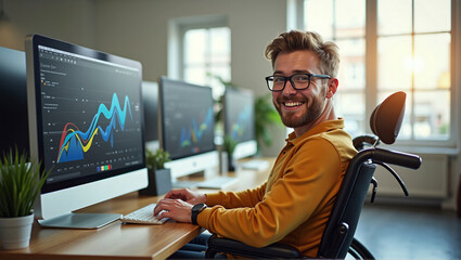 Smiling person in wheelchair working at office desk in corporate business environment, inclusion - ai generated