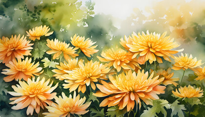 Watercolor painting of chrysanthemums in shades of yellow and orange in a morning garden.
