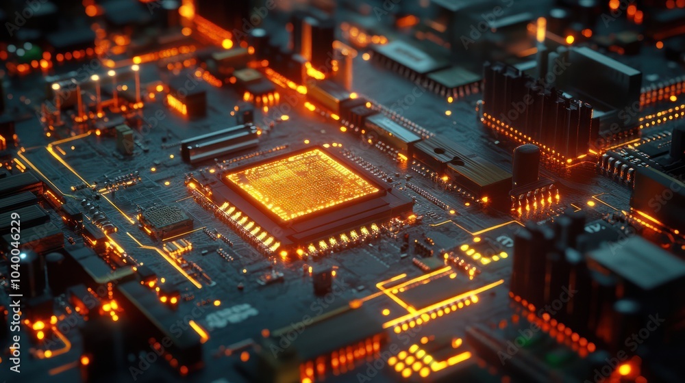 Poster glowing computer chip and cpu motherboard technology circuit board