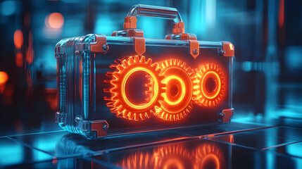 3D Holographic Gear Wheels Rotating Above Glossy Briefcase with Ample Copy Space for Business Efficiency, Management, and Process Optimization - Holographic Icon Isolated on White Background