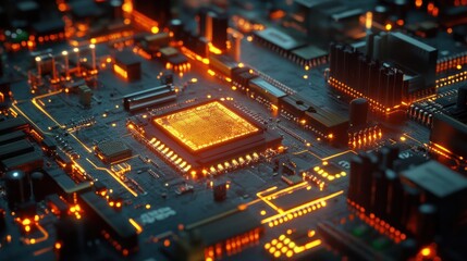 Obraz premium Glowing computer chip and CPU motherboard technology circuit board