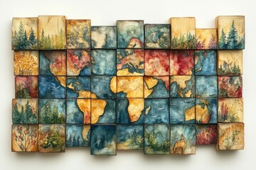 Fototapeta premium Artistic Illustrated World Map in Wooden Blocks