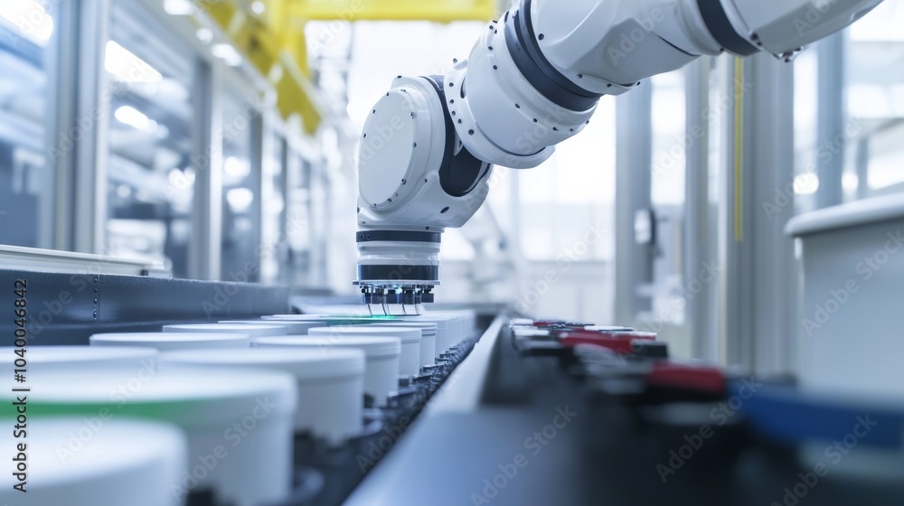 Poster A robot conducting automated paint mixing in a sleek, high-tech paint production lab with clean, organized mixing stations and advanced paint processing equipment