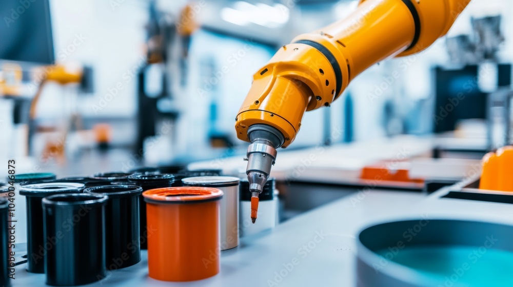 Poster A robot conducting automated paint mixing in a sleek, high-tech paint production lab with clean, organized mixing stations and advanced paint processing equipment