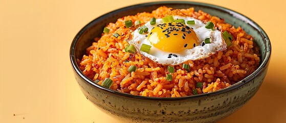 Close-up of a steaming bowl of hot kimchi fried rice with a fried egg on top&nbsp;showcasing Korean flavors on a pale yellow backdrop with room for text, Generative AI.