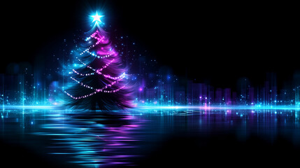 Illuminated Christmas tree with colorful lights reflecting on water against a black background copy space