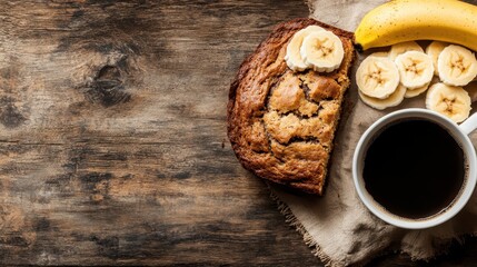 A rustic presentation of banana bread with fresh bananas and a cup of coffee, highlighting textures and natural charm on a wooden surface.