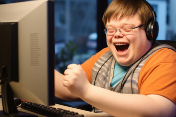 Young man with headphones sitting at computer and celebrating success by raising hands in air. Happy gamer with disability playing and winning video game, competition