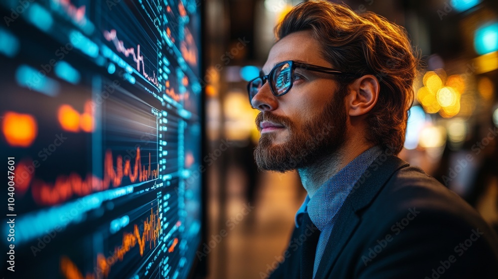 Poster market analyst in action, engaged with detailed reports and dashboards, analyzing dynamic market tre