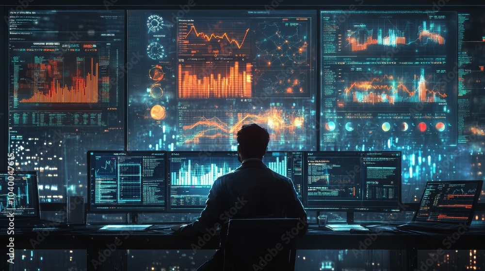 Aufkleber market analyst engaged with data insights, immersed in reports and dashboards showcasing dynamic mar