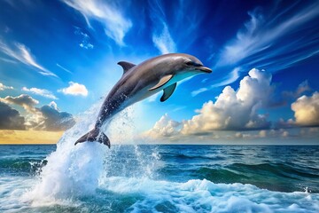 Obraz premium Joyful Dolphin Leaping from Ocean Waves - Symbol of Freedom and Happiness in Nature