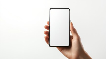 Hand holding smartphone mockup as png photo with blank screen isolated on white background. mobile phone hand mockup