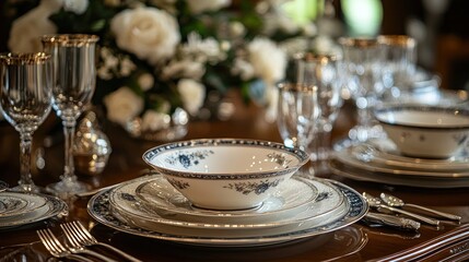 Elegant dining table set with fine china and floral centerpiece.