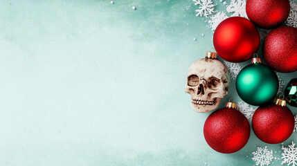 Spooky Christmas theme with skull and red and green ornaments on teal background