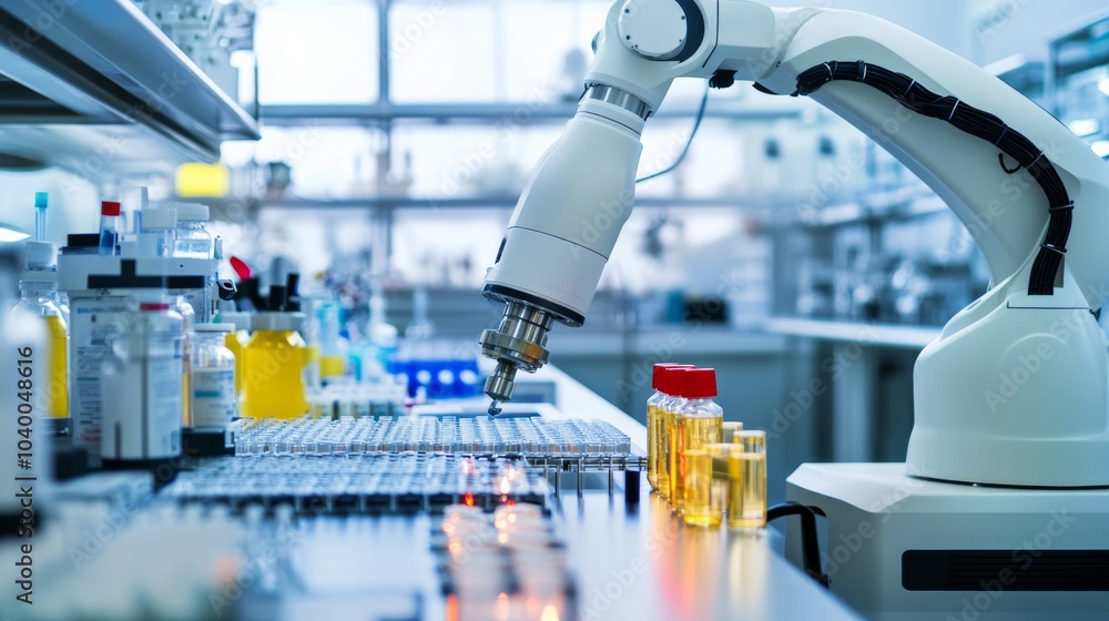 Poster A robot conducting automated quality control in a clean, high-tech pharmaceutical lab with organized testing stations and advanced diagnostic equipment, Pharmaceutical tech style