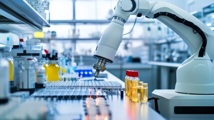 A robot conducting automated quality control in a clean, high-tech pharmaceutical lab with organized testing stations and advanced diagnostic equipment, Pharmaceutical tech style