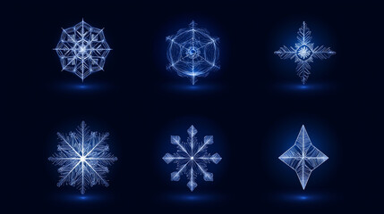 Elegant snowflake designs in shimmering blue on a dark background for winter themes
