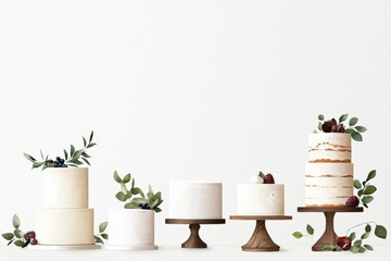 A beautiful array of elegant cakes adorned with greenery and fruits, perfect for celebrations and special occasions.