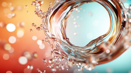 This abstract image captures a splash of water moving in a circular motion, blending colors of orange and blue for a dynamic and energetic appearance.