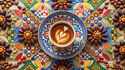 Fototapeta premium latte art in a colorful cup on vibrant mosaic tile background