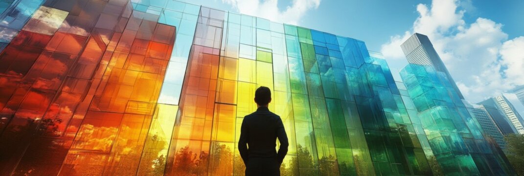 Eco-friendly skyscraper design, architect presenting innovative proposal, vibrant recycled colored glass materials, sustainable urban architecture