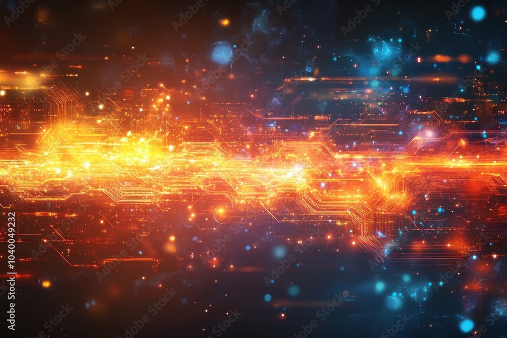 Poster vibrant digital abstraction showcasing glowing lines and particles in a futuristic setting