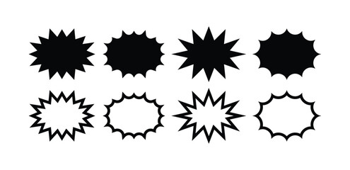 set of starburst star speech bubble symbol icon vector design black white outline black fill illustration collection isolated