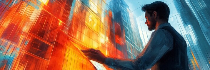 Architect envisioning vibrant urban landscape, colorful glass skyscrapers rise against the skyline, innovative design shapes future city.