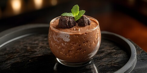 A rich chocolate mousse dessert garnished with mint and chocolate pieces in a glass.