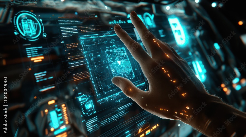 Poster hand touch digital hud interface futuristic technology background of virtual computer screen display