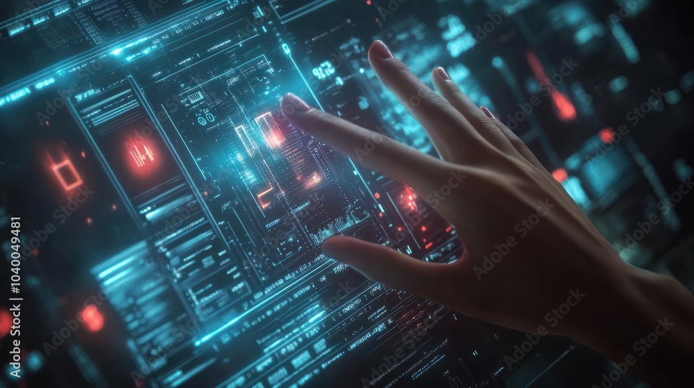 Poster hand touch digital hud interface futuristic technology background of virtual computer screen display