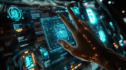 Hand touch digital hud interface futuristic technology background of virtual computer screen display ui future concept or cyber communication hologram and innovation internet system on vr cyberspace.